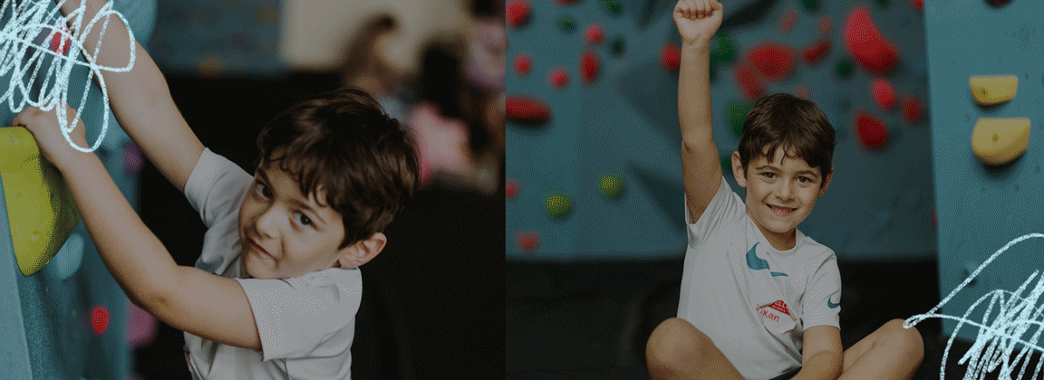 A young boy in a white shirt climbs a colorful indoor rock wall on the left, and sits smiling with one arm raised in victory on the right—capturing pure summer camp adventure.