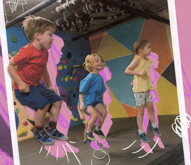 Three young children are jumping indoors in front of a colorful climbing wall, with playful pink and white doodles accentuating their movements—a lively scene inspired by DC Youth Programs.