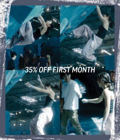 A collage of a woman bouldering at Upper Walls in Fremont, wearing a black tank top and light pants. The text 35% OFF FIRST MONTH is overlaid across the center of the image.