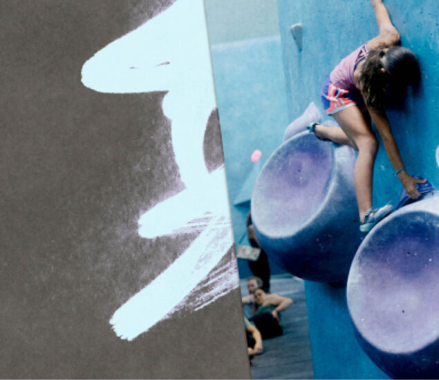 A young girl climbs an indoor bouldering wall at summer camp, gripping large purple holds, while people watch from below. A bold white brushstroke partially obscures the left side of the image.