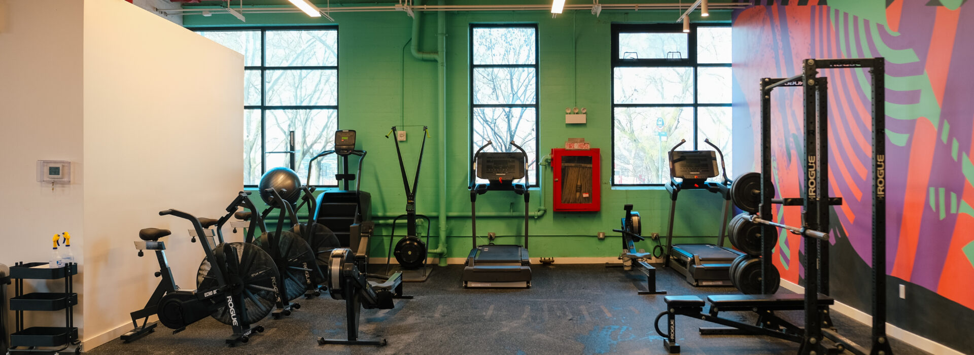 A modern gym at Brooklyn Climbing Yoga and Fitness with cardio machines, stationary bikes, weightlifting equipment, and a colorful mural. Large windows fill the clean, organized space with natural light.