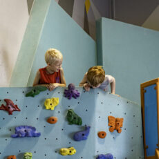 Two young children stand atop a colorful indoor climbing wall decorated with animal-shaped holds, looking down and smiling. The wall is turquoise, and the background is a play area with geometric shapes.