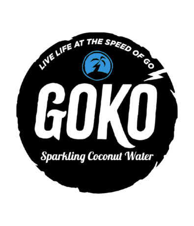 A black circular logo with 