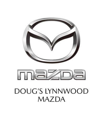 Silver Mazda logo above the word mazda in metallic text, with DOUGS LYNNWOOD MAZDA in black capital letters below on a white background, celebrating the spirit of the Seattle Boulderfest competition.