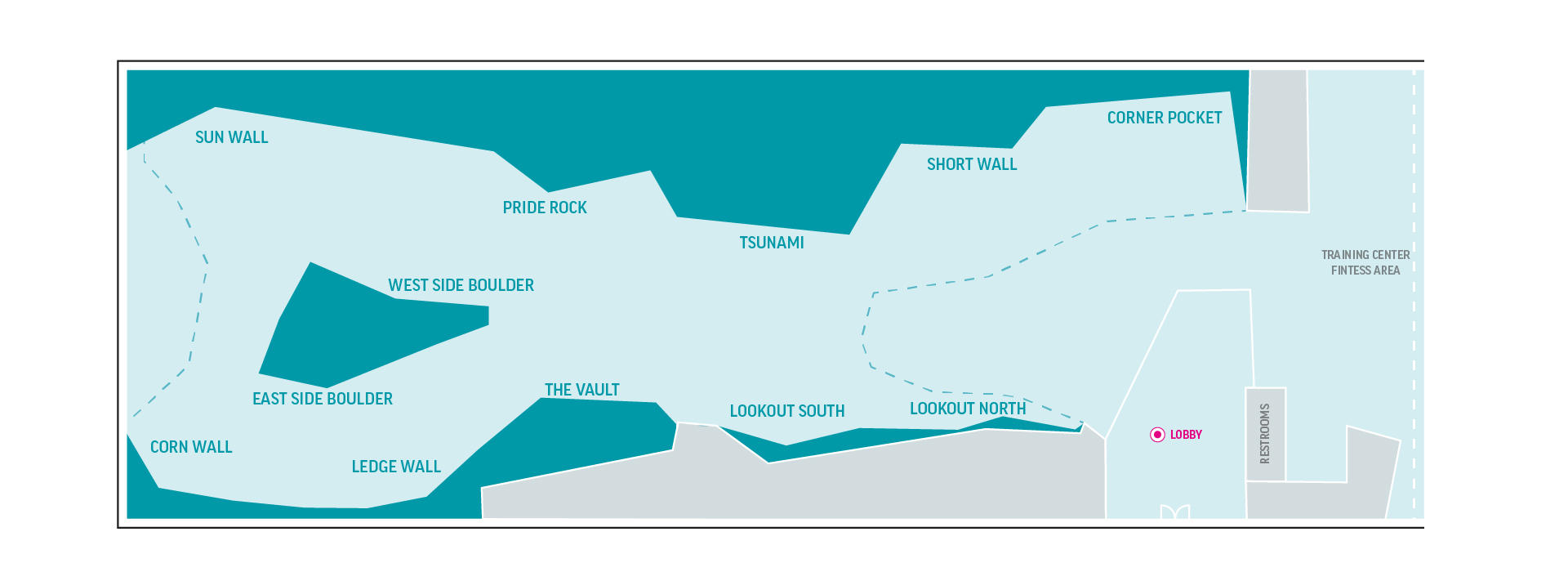 A map of an indoor climbing gym showing different wall sections labeled: Sun Wall, Pride Rock, Tsunami, Corner Pocket, Short Wall, Lookout North, Lookout South, The Vault, West Side Boulder, East Side Boulder, Corn Wall, and Ledge Wall.