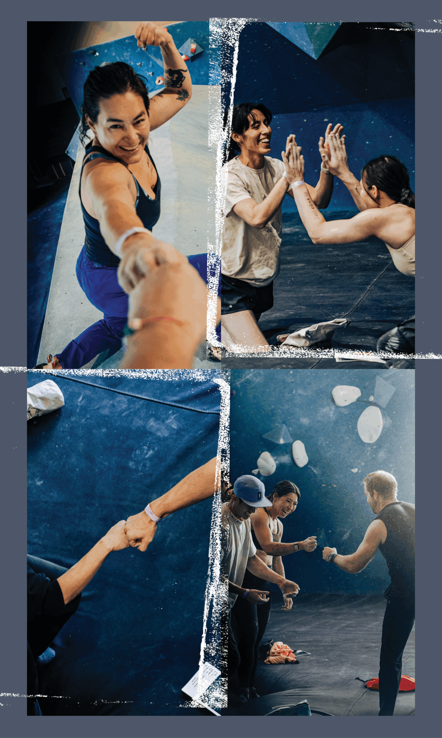 A collage shows people bouldering indoors: a woman reaching for the camera, two women high-fiving, hands clasped in support, and a group congratulating each other by a climbing wall—capturing the excitement of New Year 2025 promos in all markets.