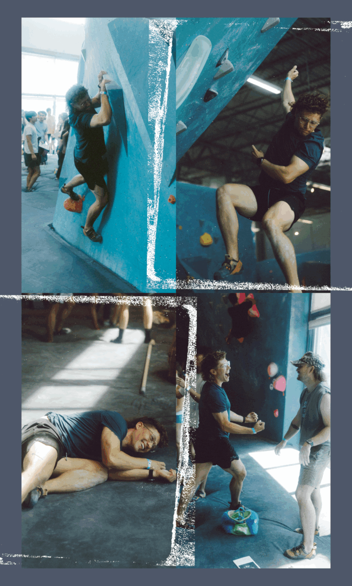 A man in a black shirt climbs a blue indoor bouldering wall, jumps off in celebration, then lies smiling on the floor and shares a joyful moment with two friends—just another perk of their annual membership as sunlight streams into the gym.