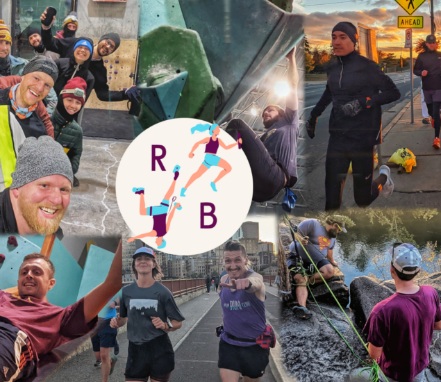 A collage of people rock climbing, running, and socializing outdoors in Minneapolis, with a central logo showing cartoon runners and the letters R and B. The scenes capture Community Clubs enjoying group activities in urban and natural settings.