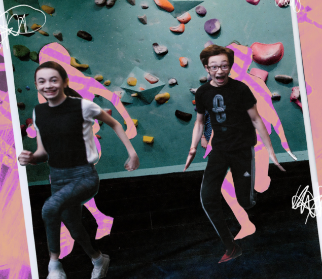 Two smiling kids run indoors in front of a colorful climbing wall at Summer Camp 2025. Behind them are pastel silhouettes of more people. The image has a collage style with abstract borders and playful doodles, inviting families from All Markets.