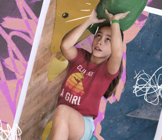 A young girl in a red Climb Like A Girl shirt climbs an indoor rock wall at Summer Camp 2025, reaching up to grip a large green hold. Colorful doodles and scribbles decorate the photo edges.
