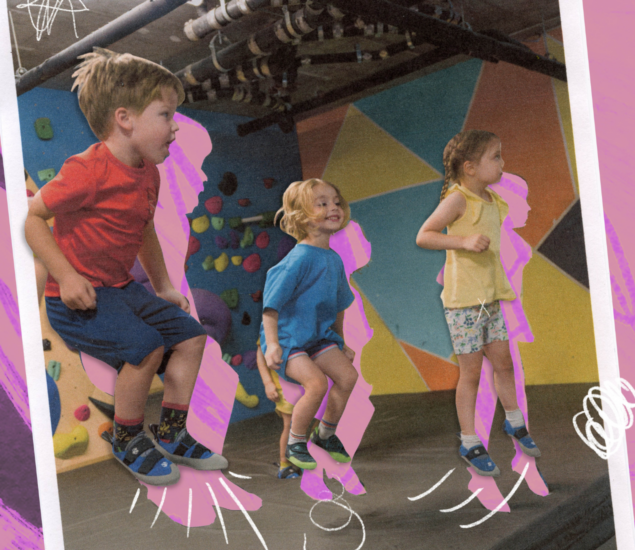 Three young children are jumping indoors in front of a colorful climbing wall, looking joyful and energetic. Playful pink and white doodle accents surround them, capturing the excitement of Summer Camp 2025.