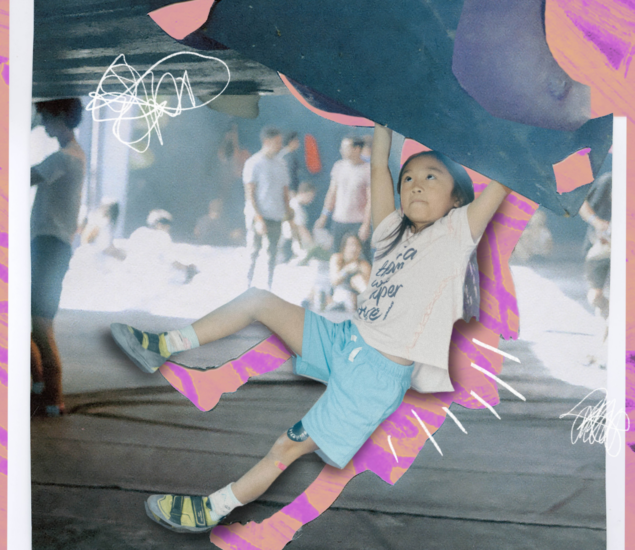 A young child hangs from a bar with both hands, legs bent, wearing a t-shirt and shorts at Summer Camp 2025. The background shows other children and adults, with colorful doodles and abstract shapes overlaid on the image.