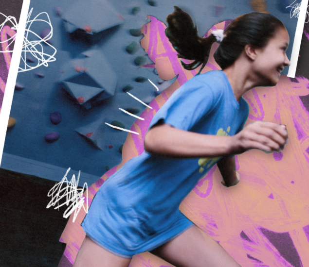 A girl in a blue t-shirt runs energetically indoors at Summer Camp 2025, with a blurred rock climbing wall in the background and pink, white artistic scribbles overlaid on the image.