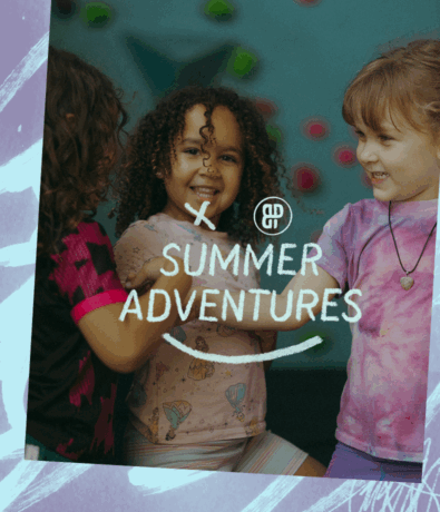 Three young children smiling and playing together at a DC Rock Climbing Gym. Text overlay reads SUMMER ADVENTURES with a smiley face and the Gap logo. Background is colorful and cheerful.
